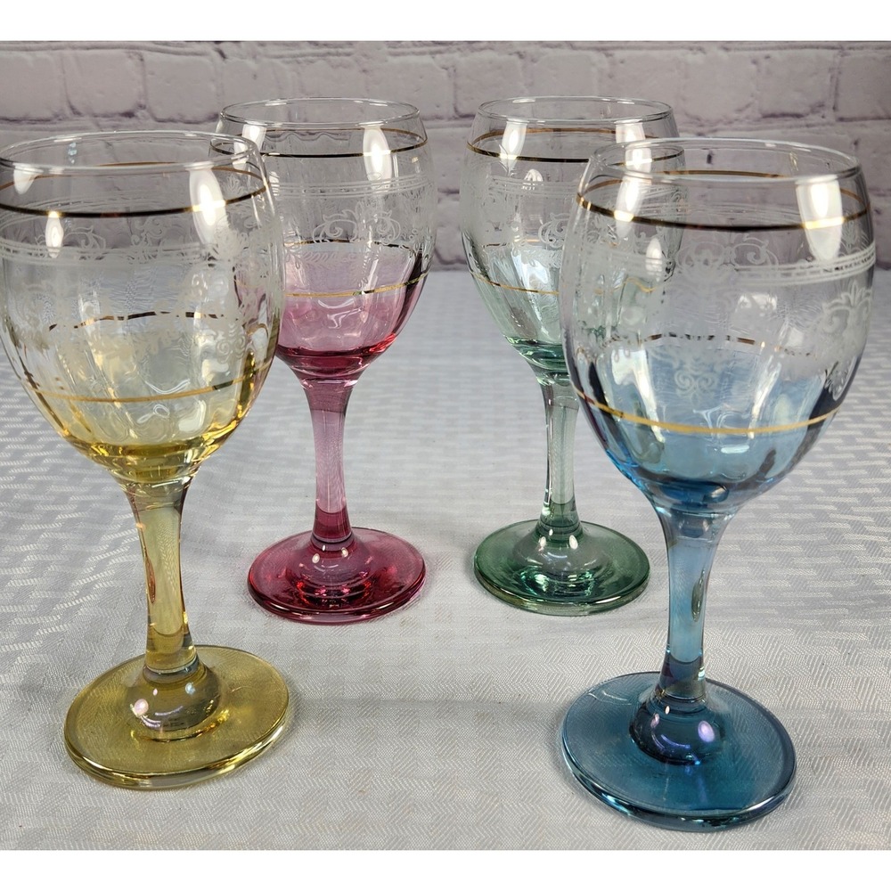 Four Vintage Cristalleria Fumo Etched Wine Glass Set Colored Stems & Gold Rim